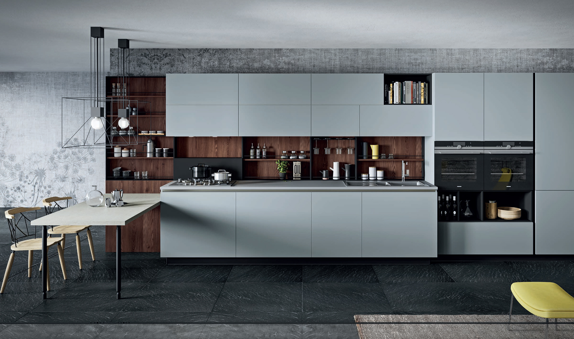 Cucina Design Lab13 con basi in LPL rovere cenere con anta Plana di Aran