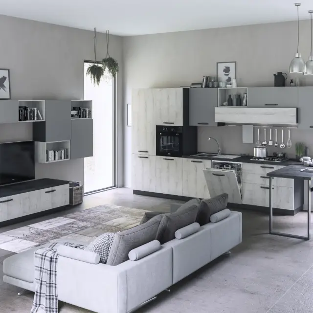 Open Space - Cucina con penisola Anta Mira + Parete Attrezzata